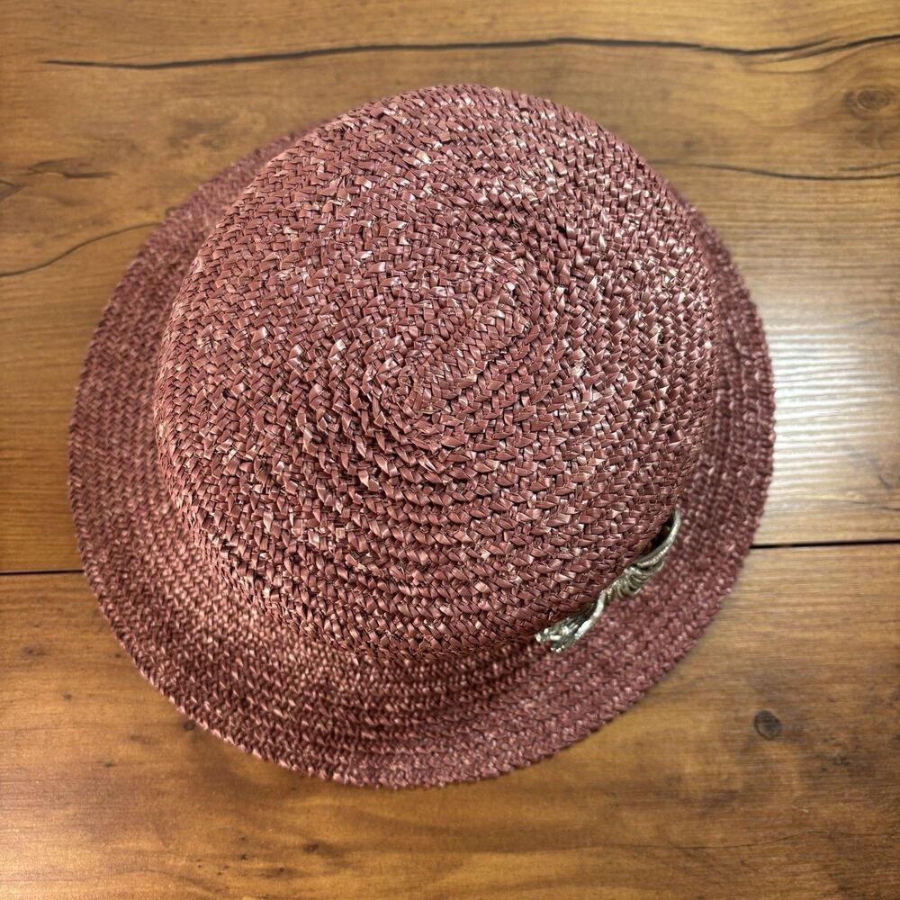 Eric Javits Woven Straw Cloche Bucket Hat Burgundy w Metallic Feather Brooch USA - Picture 5 of 10